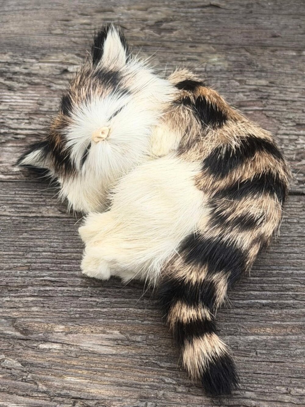 Vintage Fur Sleeping Striped Kitten Cat Realistic Furry Miniature Shelf Decor